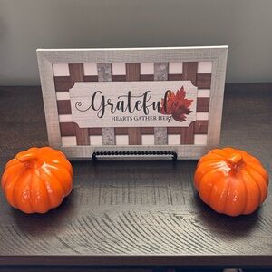 Fall Harvest Thanksgiving Decor 3 Pieces 2 Ceramic Crackle Finish & Sign NWT